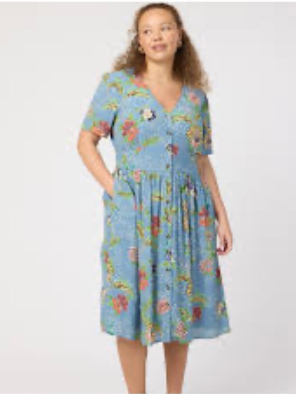 Joanie Blue Floral V-Neck Button-Front Midi Dress US 12 Pockets Vintage Inspired - Picture 3 of 13
